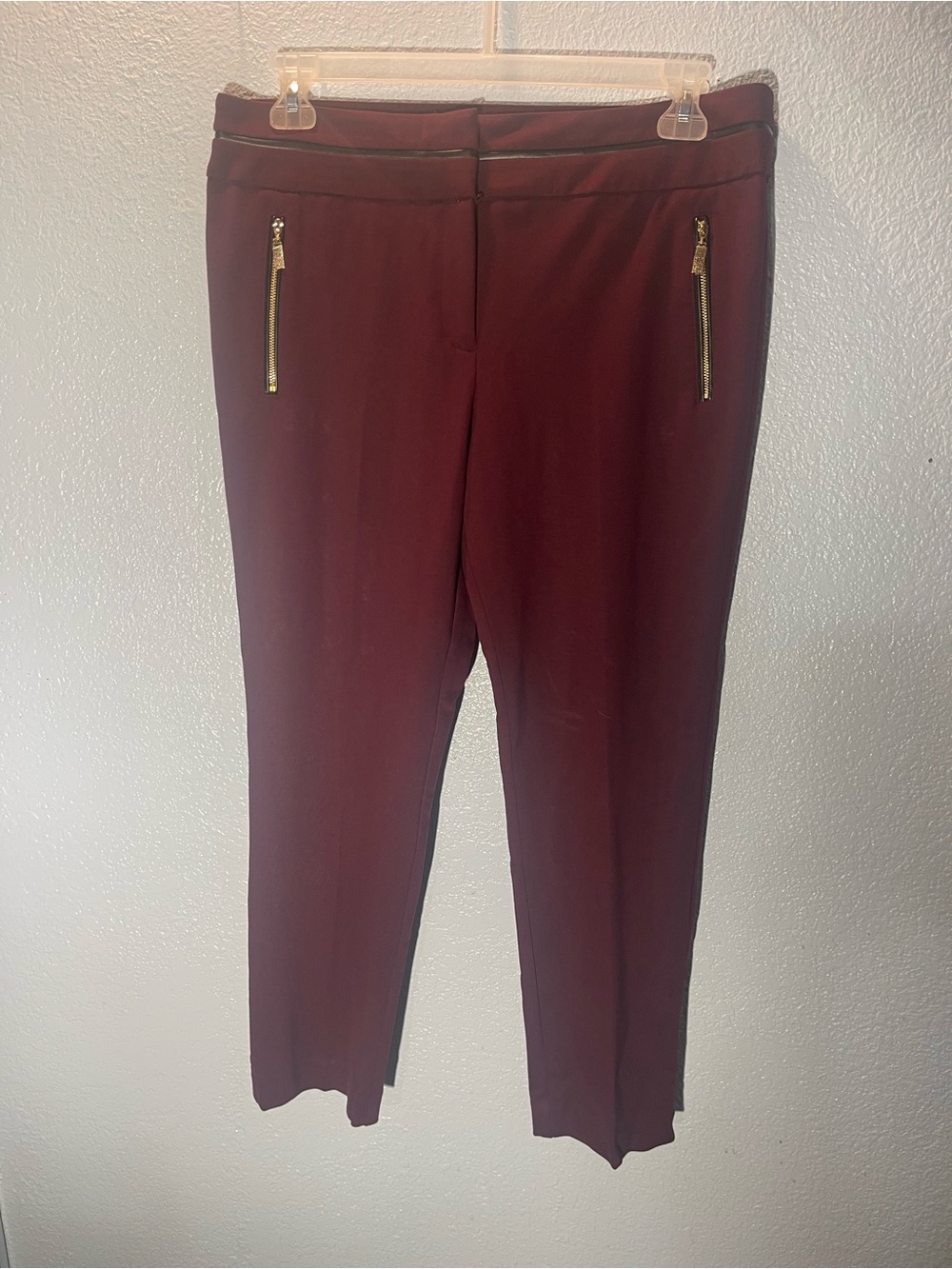 Anne Klein Maroon Straight-Leg Ponte Pants with Gold Zips
